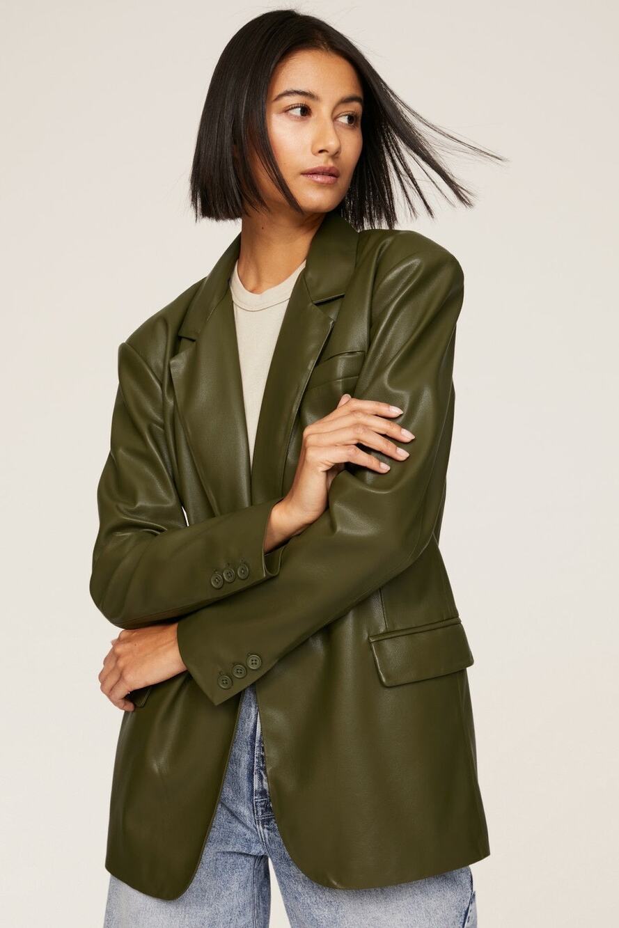 BlankyNYC Money Maker Faux Leather Blazer Small Olive Green Jacket Oversized